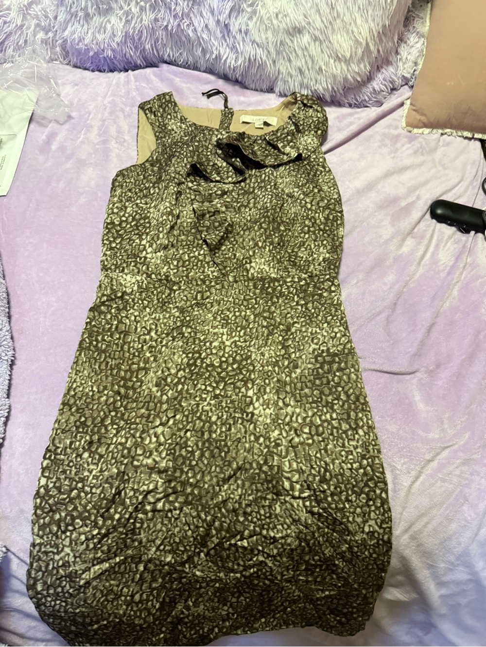 LOFT One-Shoulder Brown Animal Print Ruffle Dress